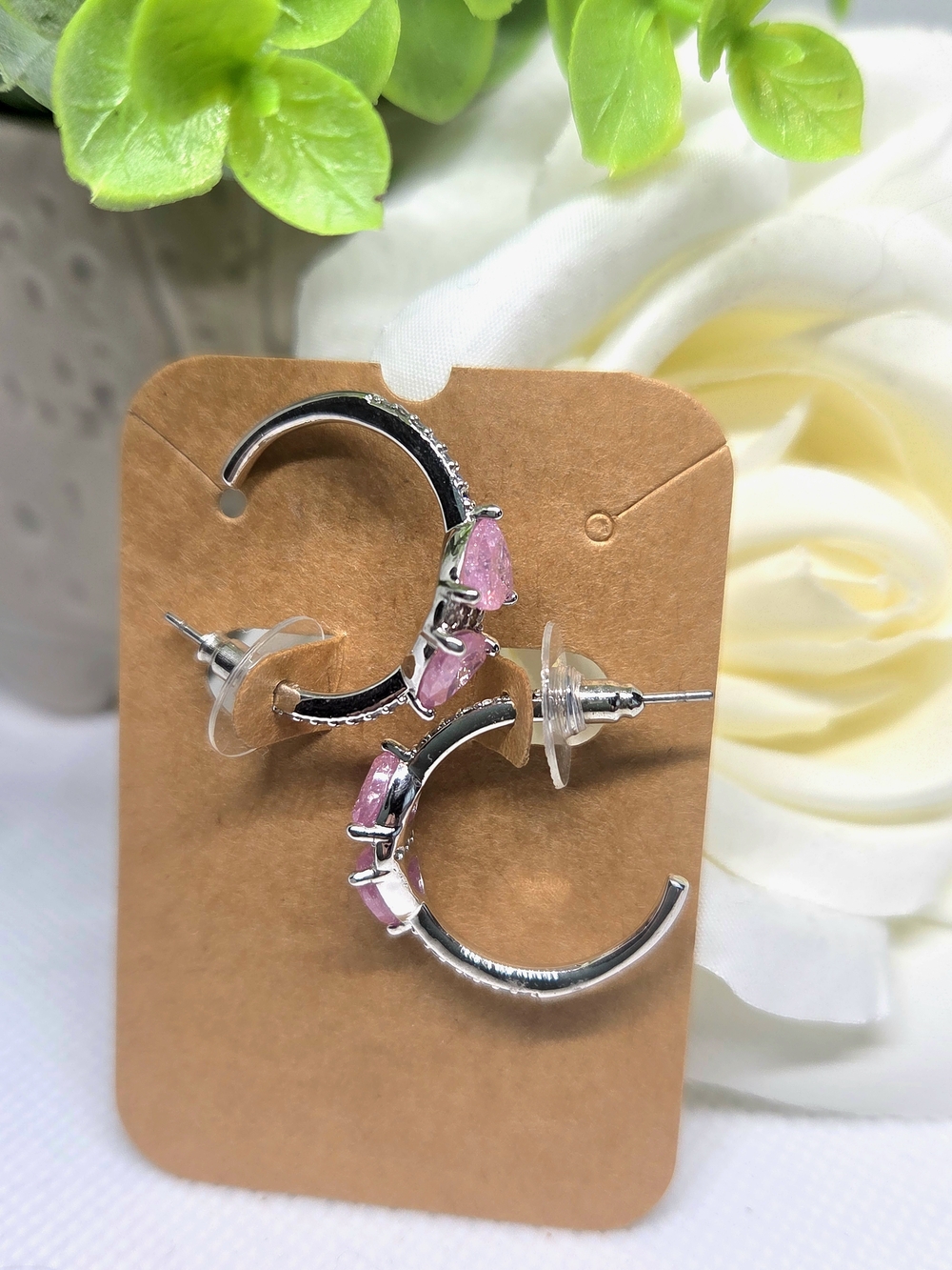 BP Silver Hoop Earrings with Pink Ice Crystal Accents